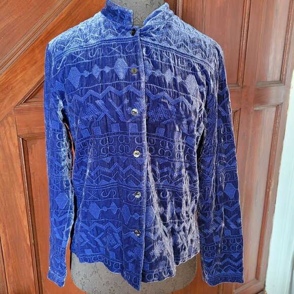 Vintage Chicos Blue Velvet Button-Up Jacket With Geometric Patterns Small - Picture 1 of 6